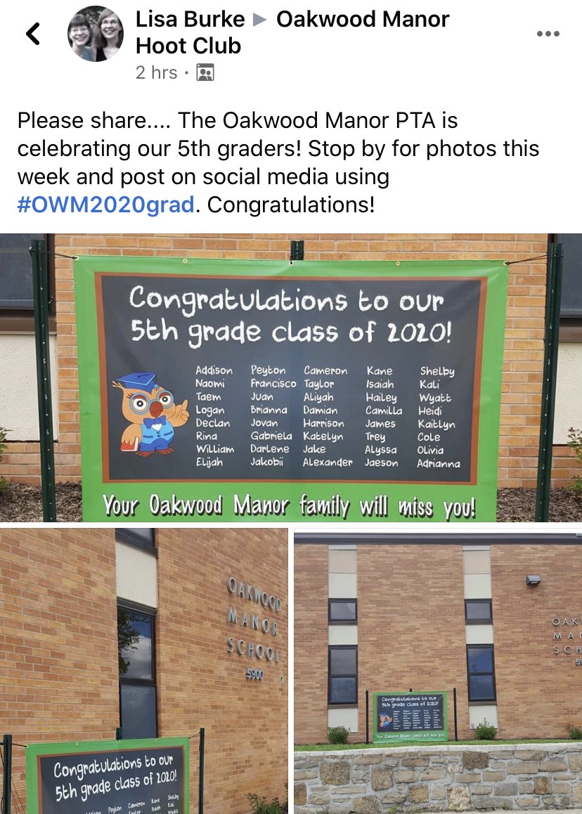 BrianMercerNKC's tweet photo. The @Oakwood_Manor PTA is celebrating 5th Graders this week! Feel free to stop by for photos &amp; post on social media using the hashtag #OWM2020Grad! As always in our current landscape, be respectful of others by social distancing if needed. @joseverduzconkc @KC_LisaBurke https://t.co/1oFloqxQ8z