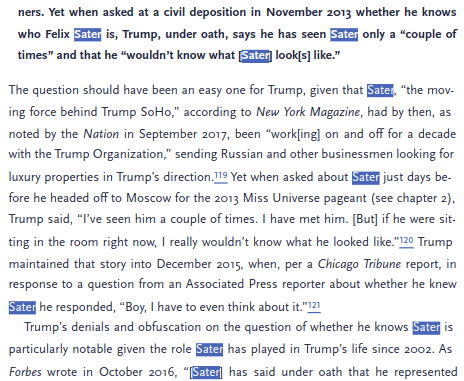 Yourself and others love quoting Trump stating he "wouldn't know what Sater looks like" in Nov 2013 deposition but curiously all of you leave out the fact in this same deposition he also states repeatedly Sater "very close to the federal government." (your book + Trump depo)