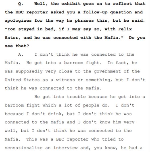 Yourself and others love quoting Trump stating he "wouldn't know what Sater looks like" in Nov 2013 deposition but curiously all of you leave out the fact in this same deposition he also states repeatedly Sater "very close to the federal government." (your book + Trump depo)