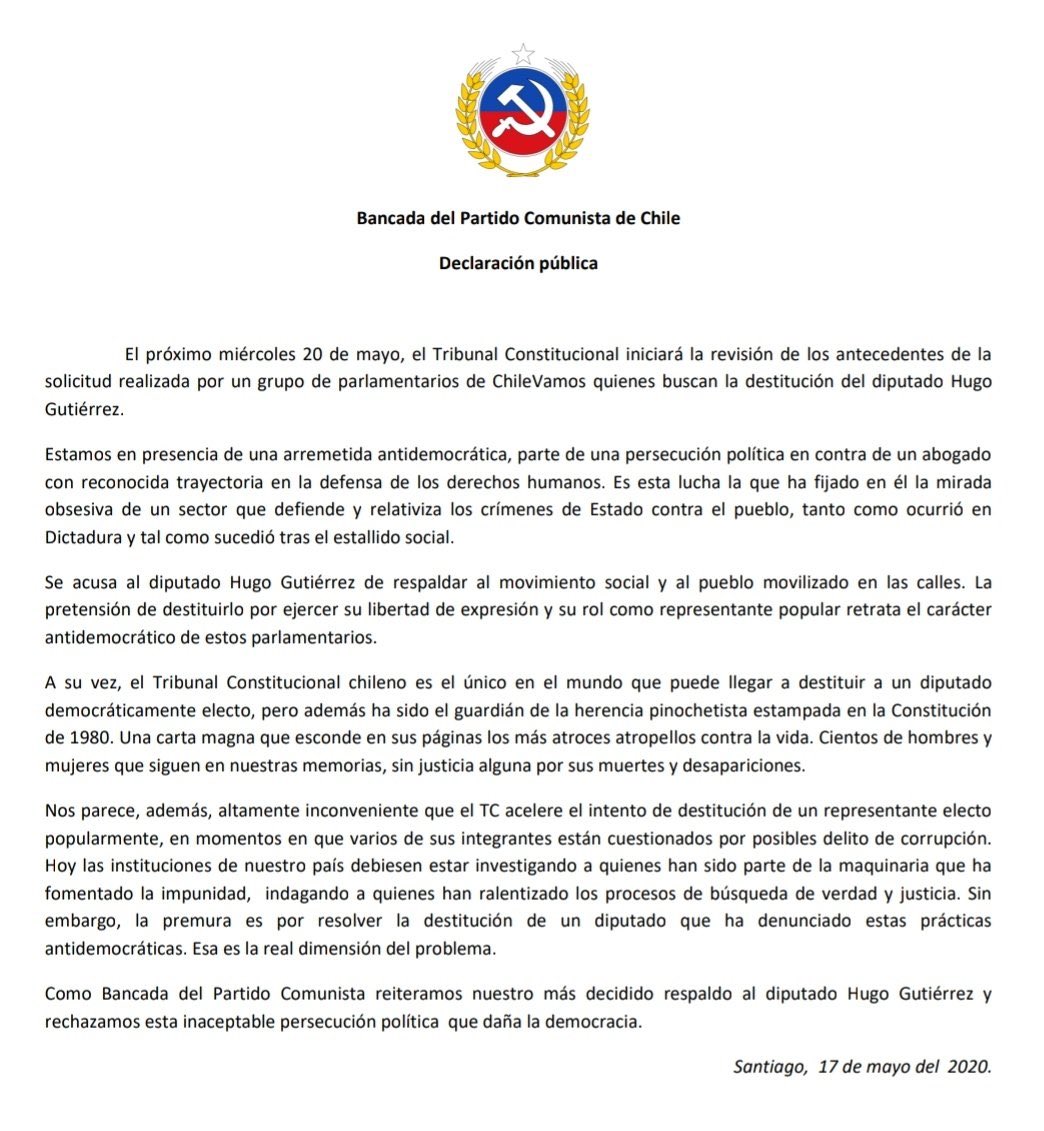 gteillier's tweet photo. Nuestra solidaridad y estricto apoyo al compañero diputado Hugo Gutierrez como @PCdeChile y bancada @Diputados_PC la derecha busca, con artimañas jurídicas en un órgano altamente cuestionado como el Tribunal Constitucional, su inhabilidad como legislador democráticamente electo. https://t.co/Gj6aKMsa58