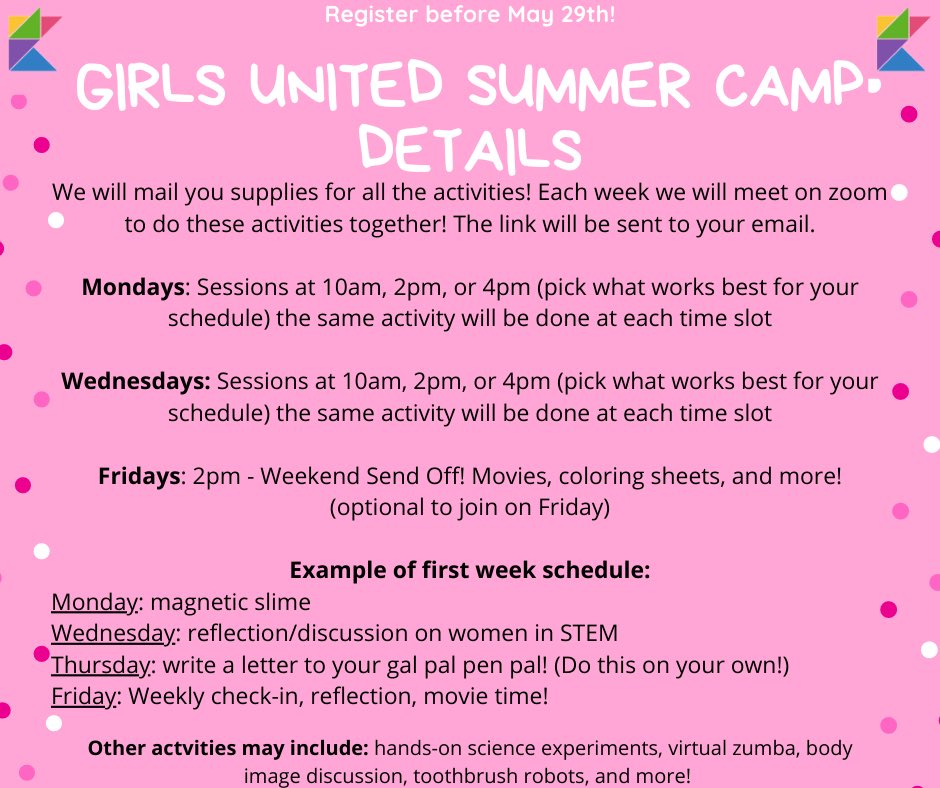 GirlsUnitedMn's tweet photo. Here are some more details about our summer camp! All supplies for the activities are covered by the $100 registration fee! (scholarships available) Reminder: the camp is open for all 4-6th grade girls! Register at this link: https://t.co/rj6ptx8QpR https://t.co/jTzUhIWzz7