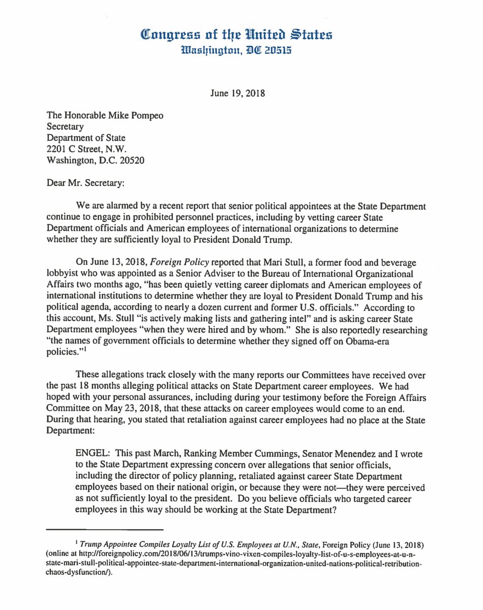 JUNE 2O18 House & Senate letter (this took me longer to find bc for some reason the pdf was “moved from the server” the House Foreign Affairs Com) to  @SecPompeo regarding the Trump loyalty & purgeBut I was able to locate it on a Senate Server  https://www.foreign.senate.gov/imo/media/doc/06-18-18%20Letter%20to%20Secretary%20Pompeo%20on%20Prohibited%20Personnel%20Practices%20at%20State%20Department.pdf