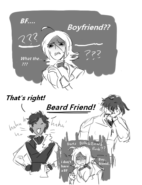 that's totally what "BF" stands for.
i drew this around the time of Bart's release?? and still representative of how i see the pirates. blackbeard just being so done with him is the best.. hbd bart