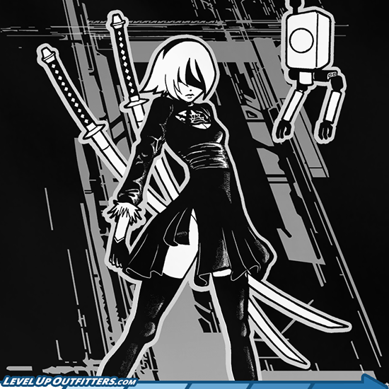 She might not look it at first glance, but 2B (#YoRHa No.2 Type B) is an all-purpose android created for battle. A powerful #NieRAutomata inspired design, now on sale for $7.99! Order here: levelupoutfitters.com/products/2b