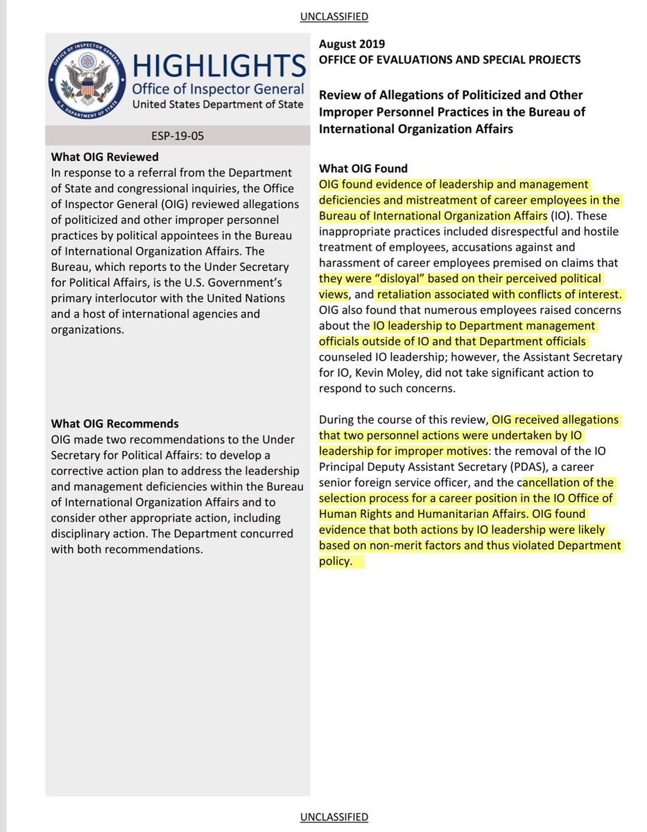 Following the June 2018 letter to  @SecPompeo  @StateDept the  @StateOIG issued this report:“Mari Stull, was vetting the political affiliation and views of career employees.1 According to the article, the management of IO had caused several career employees to leave the bureau”