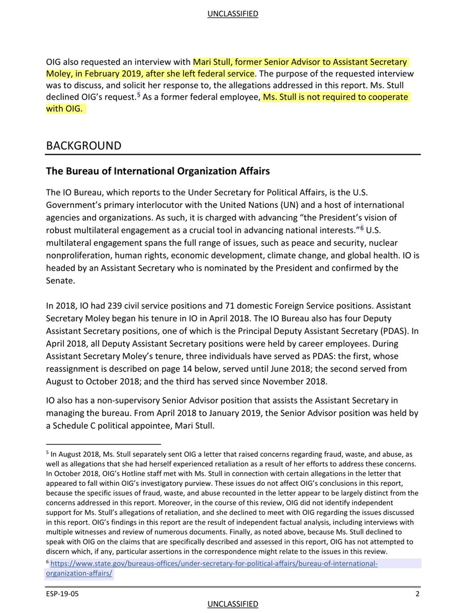 Following the June 2018 letter to  @SecPompeo  @StateDept the  @StateOIG issued this report:“Mari Stull, was vetting the political affiliation and views of career employees.1 According to the article, the management of IO had caused several career employees to leave the bureau”