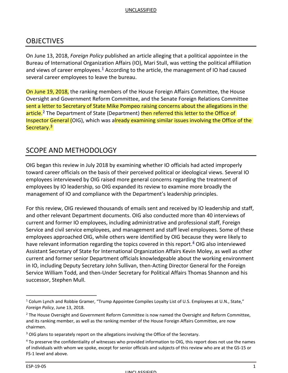 Following the June 2018 letter to  @SecPompeo  @StateDept the  @StateOIG issued this report:“Mari Stull, was vetting the political affiliation and views of career employees.1 According to the article, the management of IO had caused several career employees to leave the bureau”