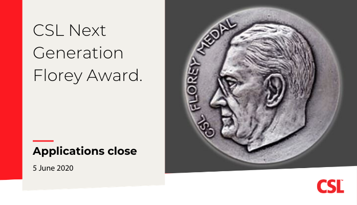 CSL's tweet photo. Applications now open for the CSL Next Generation Florey Awards. If you know an outstanding PhD student conducting research in biomedical, health or medical fields, nominate them before 5 June. https://t.co/glVQOAO17V #CSLFlorey #biomedicalresearch #research https://t.co/TeDYMg6Ius