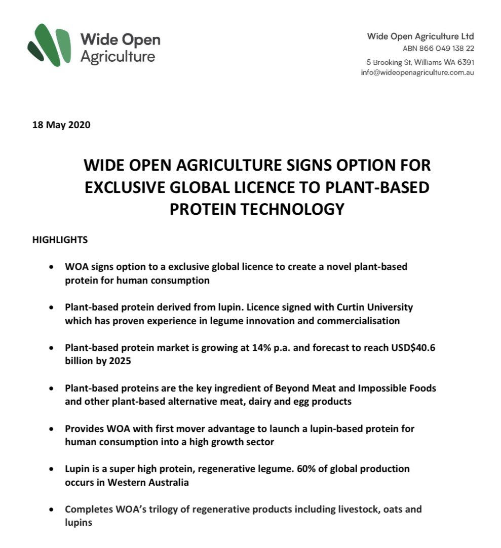 straightlinesco's tweet photo. $WOA/@WideOpenAg enters $30 billion plant-based protein market.
$WOA signs Option & Licence agreement with @CurtinUni for the development and commercialisation of a proprietary plant-based lupin protein technology.
๐ฐ๐ฐ๐ฐ๐พ๐พ๐พ
#DiryCleanFood #AgTech #AgChatOz #AugAg #AusBiz https://t.co/2IxkyYHDhS