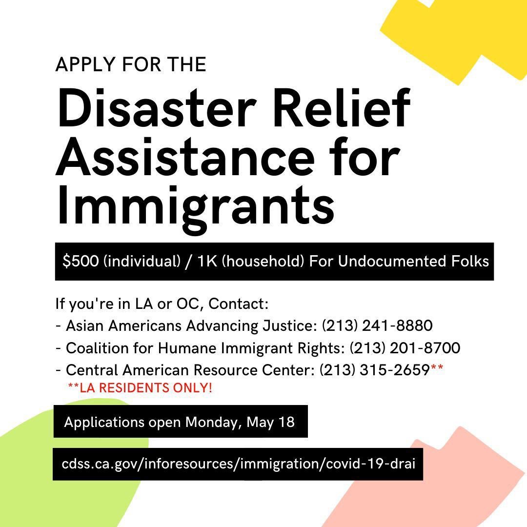 pwcscorg's tweet photo. LA and OC residents who are undocumented, please apply for the Disaster Relief Assistance for Immigrants (DRAI) tomorrow! Note that @Carecen_LA only serves LA residents, however, @AAAJ_LA and @CHIRLA are serving LA and OC. Please contact these organizations for more assistance. https://t.co/E4U8NsodUI