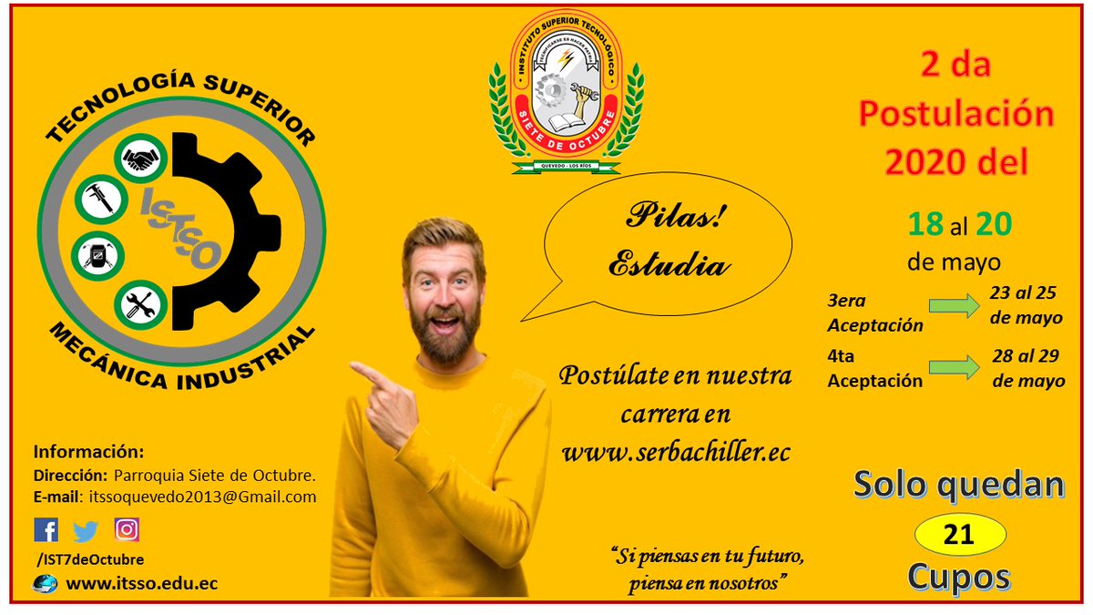 IST7deOctubre's tweet image. 👀📲¿No obtuviste cupo? ¡Puedes postular nuevamente! 🎉 Ingresa a 👉 serbachiller.ec. Este proceso lo puedes realizar a partir de la noche del 18 de mayo.
#Admisión2020
#YoSoyIstso
#YoConstruyoMiFuturo
#MecánicaIndustrial
#MecánicaAutomotriz
#Electricidad