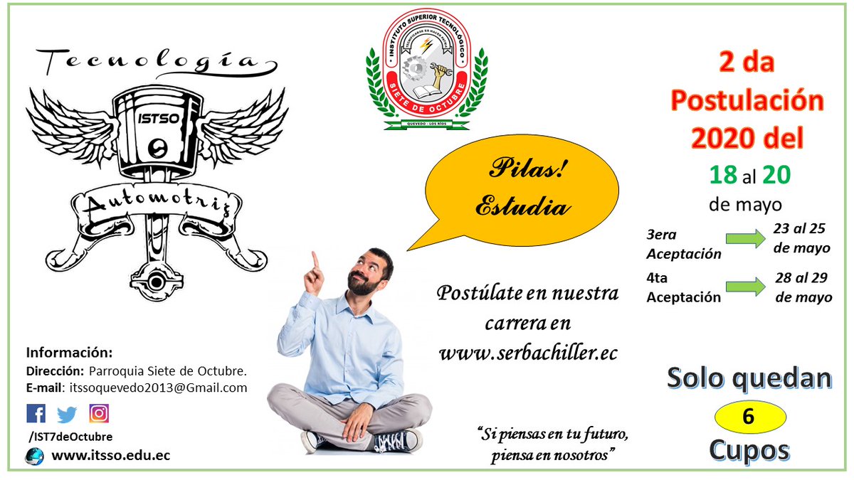 IST7deOctubre's tweet image. 👀📲¿No obtuviste cupo? ¡Puedes postular nuevamente! 🎉 Ingresa a 👉 serbachiller.ec. Este proceso lo puedes realizar a partir de la noche del 18 de mayo.
#Admisión2020
#YoSoyIstso
#YoConstruyoMiFuturo
#MecánicaIndustrial
#MecánicaAutomotriz
#Electricidad