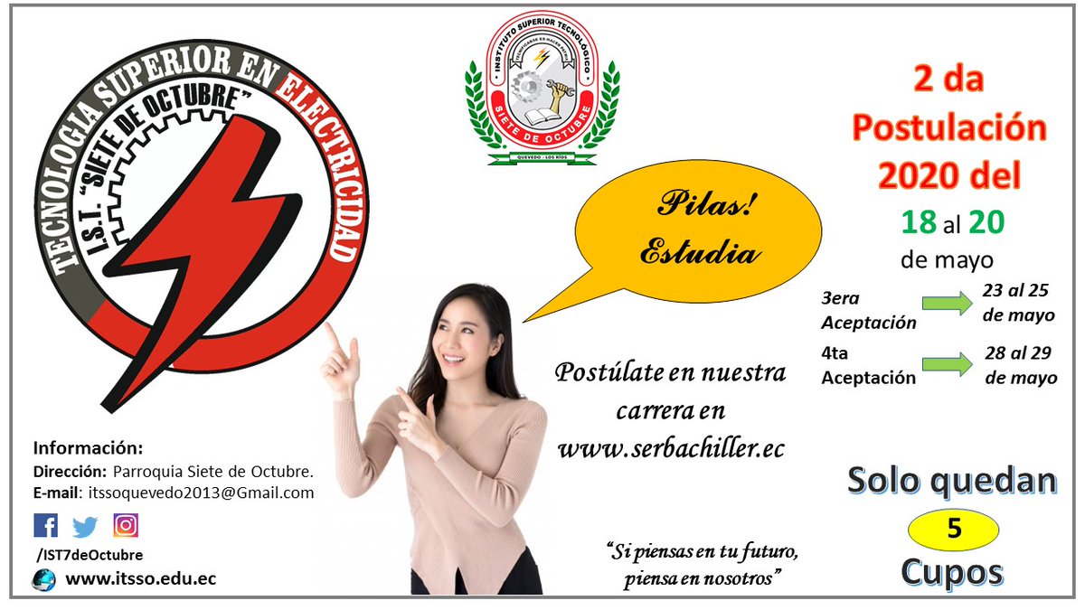 IST7deOctubre's tweet image. 👀📲¿No obtuviste cupo? ¡Puedes postular nuevamente! 🎉 Ingresa a 👉 serbachiller.ec. Este proceso lo puedes realizar a partir de la noche del 18 de mayo.
#Admisión2020
#YoSoyIstso
#YoConstruyoMiFuturo
#MecánicaIndustrial
#MecánicaAutomotriz
#Electricidad