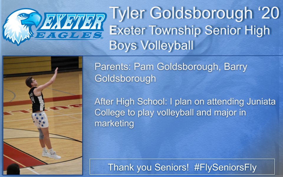 ExeterAthletics's tweet photo. It's Senior Night for our Boys Volleyball Team! Please leave comments and good wishes for Tyler, as he moves on to Juniata College!!! #FlySeniorsFly @69Sports @RE_sports @exeter_shs @SpotlightBerks Spotlight On Berks Sports The Exeter Informant https://t.co/BJeuE9YoOy