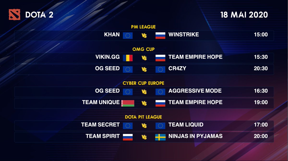 IMP_DOTA2's tweet photo. Programme Dota 2 du 18 mai 2020👇 https://t.co/ydPUuSuSqf