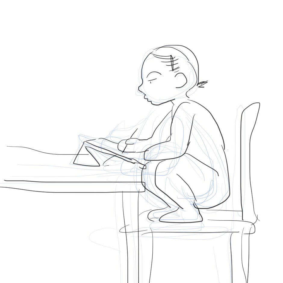 朝から足が疲れてるから何かと思ってたんだけど、昨日作業時間がいつもより少し長かったからかもしれない。
作業中ずっとこの姿勢なのでw
ちなみにこの図は指描きなんですけど、私にはこれが精一杯なので、指で作品仕上げていらっしゃる方々本当に凄いと思うの。