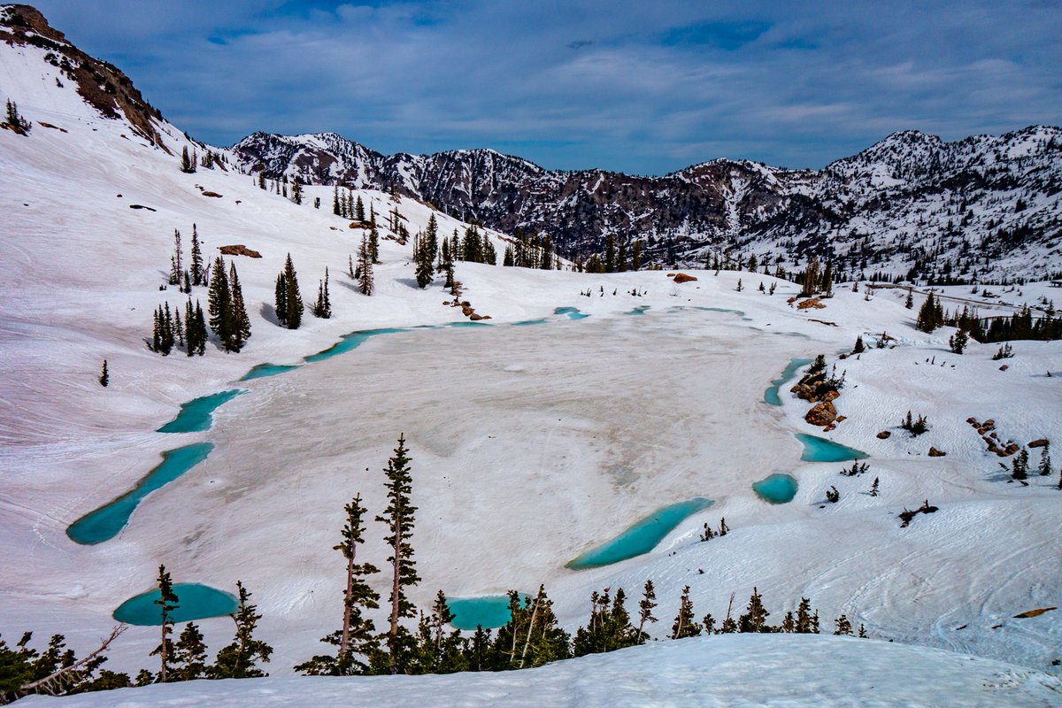 TonyKorologos's tweet photo. I actually said "wow" out loud by myself today when I looked down at Cecret Lake from Devil's Castle. The lake is starting to melt and producing an amazing turquoise color. @AltaSkiArea #cecretlake #utah #winterisnotoveryet #hikedotski https://t.co/7ck9MgYsE5