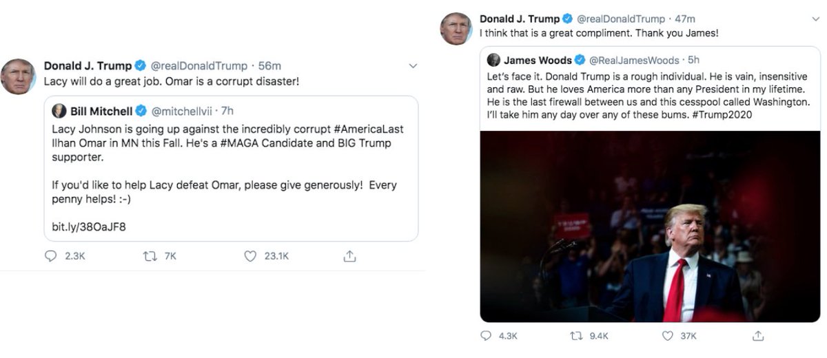 Trump today yet again amplified QAnon supporter Bill Mitchell & James Woods, who has tweeted multiple screenshots of "Q" posts, amplified QAnon content, & has also pushed Pizzagate.
