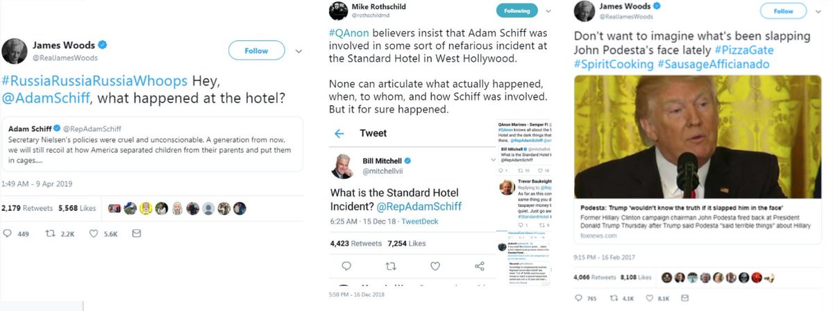 Trump today yet again amplified QAnon supporter Bill Mitchell & James Woods, who has tweeted multiple screenshots of "Q" posts, amplified QAnon content, & has also pushed Pizzagate.