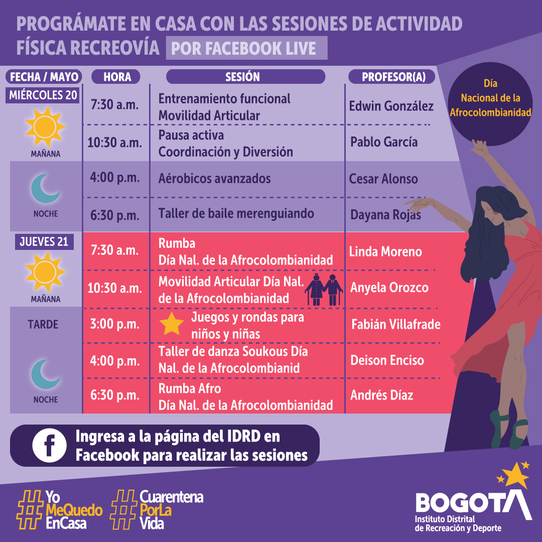IDRD's tweet photo. Prográmate con nosotros por Facebook Live para hacer actividad física durante esta semana.
#YoMeQuedoEnCasa
#RecreovíaEnCasa
#CuarentenaPorLaVida https://t.co/iyuWJJLGWx