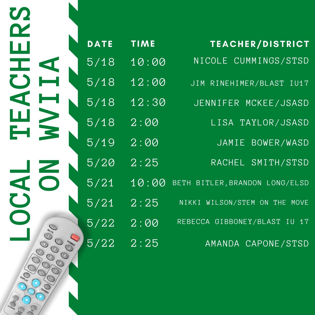 BLaST IU 17 (@blastiu17) on Twitter photo It is another great week with our local teachers on <a href="/WVIATVFM/">WVIA</a> Learn at Home. Tune in and learn, as these teachers bring the instruction to your home! <a href="/PADeptofEd/">PA Department of Education</a> #PAProudEducator @JimRinehimer
<a href="/JenMcKee8/">Jennifer McKee</a> <a href="/GibboneyRebecca/">Rebecca Gibboney</a> <a href="/jamielynnbower/">Jamie Bower</a> It is another great week with our local teachers on <a href="/WVIATVFM/">WVIA</a> Learn at Home. Tune in and learn, as these teachers bring the instruction to your home! <a href="/PADeptofEd/">PA Department of Education</a> #PAProudEducator @JimRinehimer
<a href="/JenMcKee8/">Jennifer McKee</a> <a href="/GibboneyRebecca/">Rebecca Gibboney</a> <a href="/jamielynnbower/">Jamie Bower</a>
