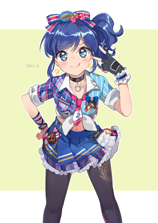 kiriya aoi 1girl solo skirt blue hair tongue gloves side ponytail  illustration images