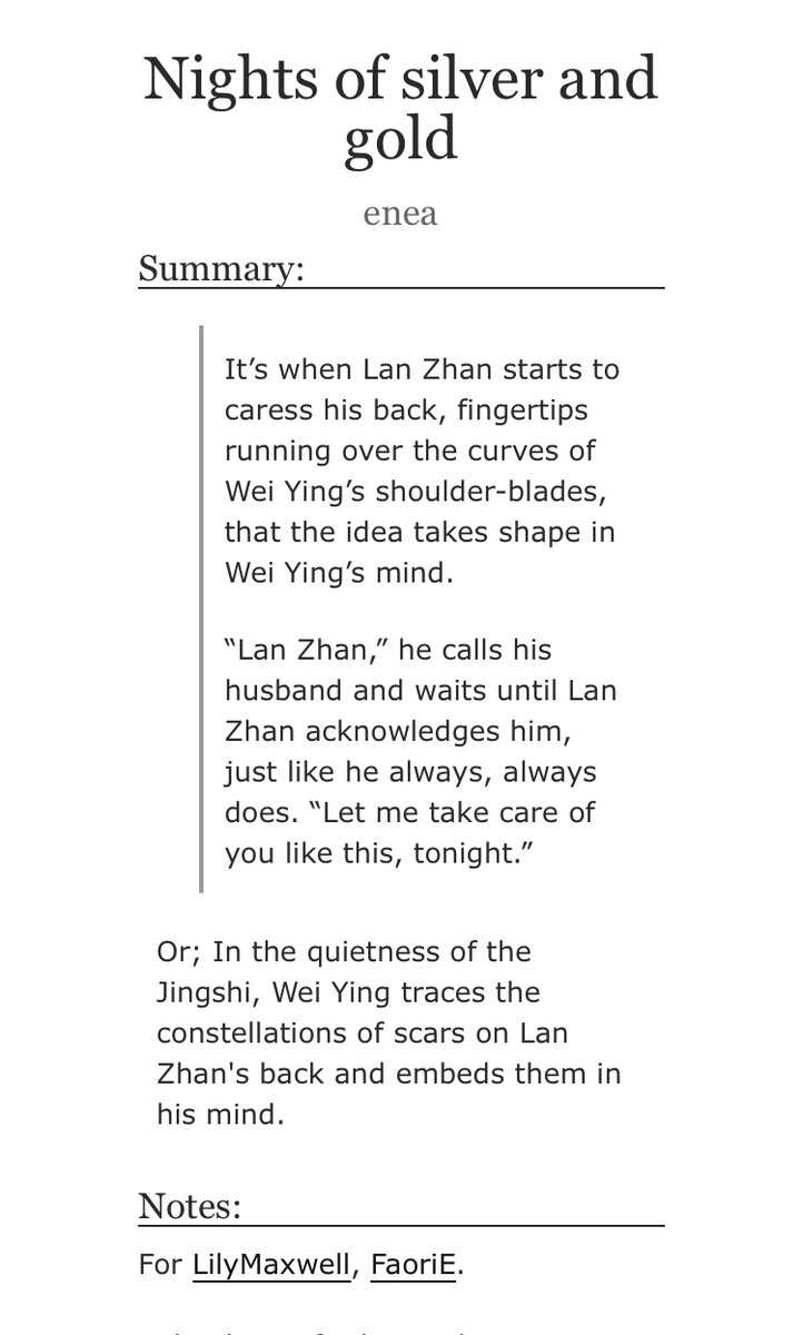 eneaa_'s tweet photo. ✨"Nights of silver and gold"
✨Rating: M
✨Word count: 2.1k
✨Post-canon, established relationship, gentle kisses in bed and Lan Zhan's thirty three scars.
https://t.co/zidhhctqs3

@kanra__ @huahua, thank you for being the best friendsI ❤️ https://t.co/3qxO3QH9AD