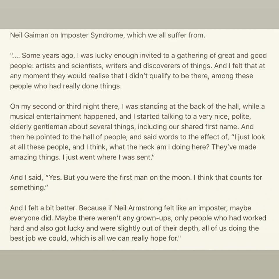 BlakeRWolfe's tweet photo. On Imposter Syndrome

From Neil Gaiman
#WritingCommunity https://t.co/uBL92bkZBh