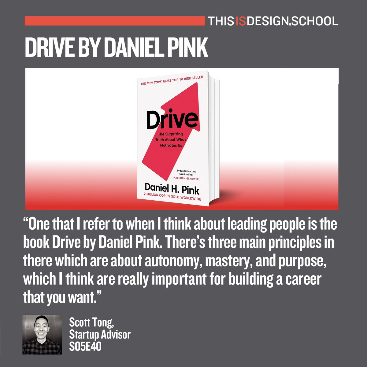tidspodcast's tweet photo. Understanding what motivates us can be just as helpful to building our own careers as it is to improving our leadership of others.

Scott Tong recommends Drive by Daniel Pink (https://t.co/pUtujHTZxD) this week. 

Stay tuned tomorrow for the second-to-last episode of this season! https://t.co/M9uloX5U5X