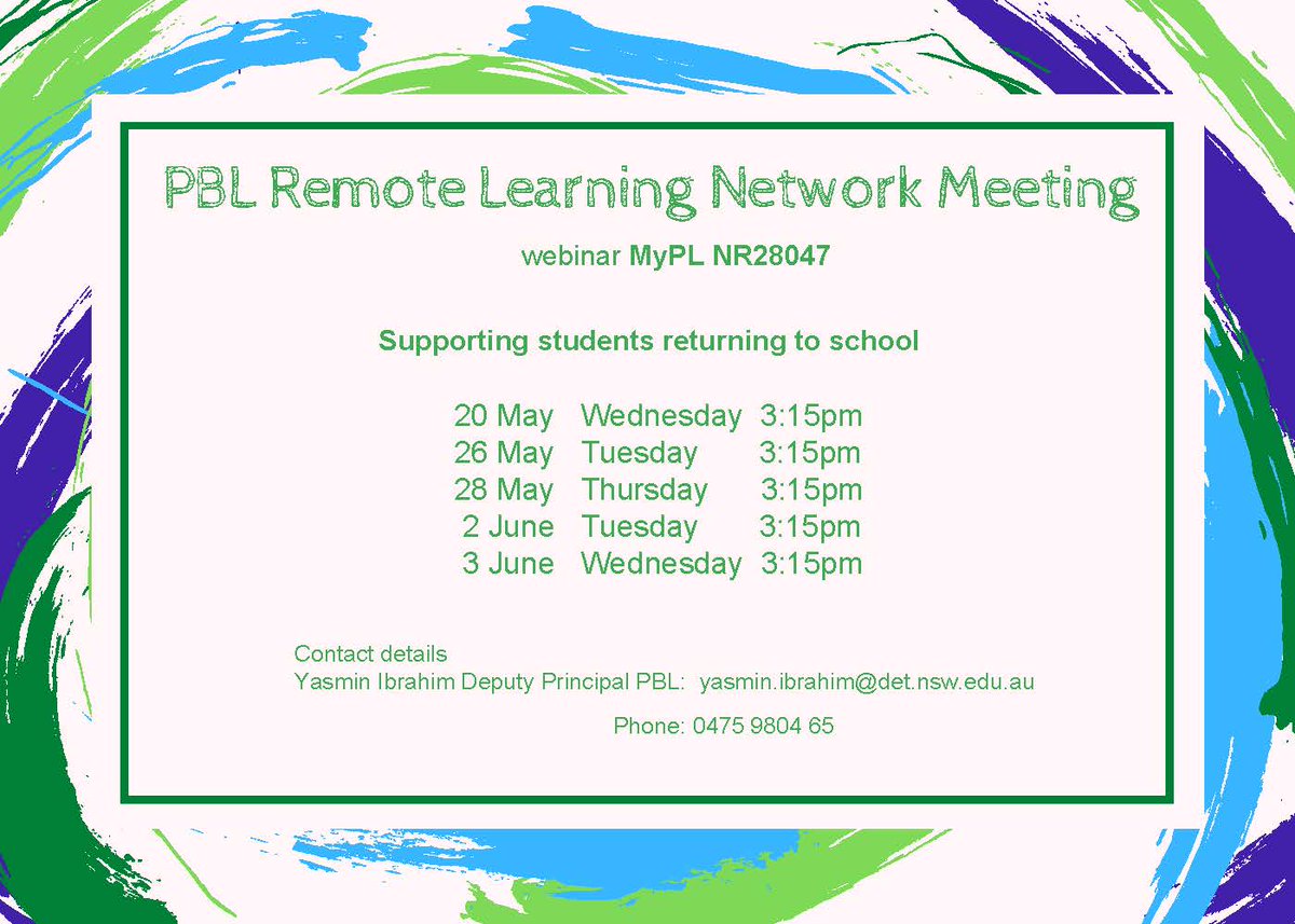 Susan Smith (@smitheesusan) on Twitter photo The next in our successful series of PBL Remote Learning Network Meetings is "Supporting students returning to school". Register in MyPL using the code in the flyer, ASAP to avoid disappointment. <a href="/yasmin_e_ibby/">Yasmin Ibrahim</a> <a href="/KarissaPedron/">Karissa Pedron</a> <a href="/BrendanSexty/">Brendan Sexty</a> <a href="/Kellie_PBL/">Kellie Wood</a> @JenniferYoukha3 The next in our successful series of PBL Remote Learning Network Meetings is "Supporting students returning to school". Register in MyPL using the code in the flyer, ASAP to avoid disappointment. <a href="/yasmin_e_ibby/">Yasmin Ibrahim</a> <a href="/KarissaPedron/">Karissa Pedron</a> <a href="/BrendanSexty/">Brendan Sexty</a> <a href="/Kellie_PBL/">Kellie Wood</a> @JenniferYoukha3