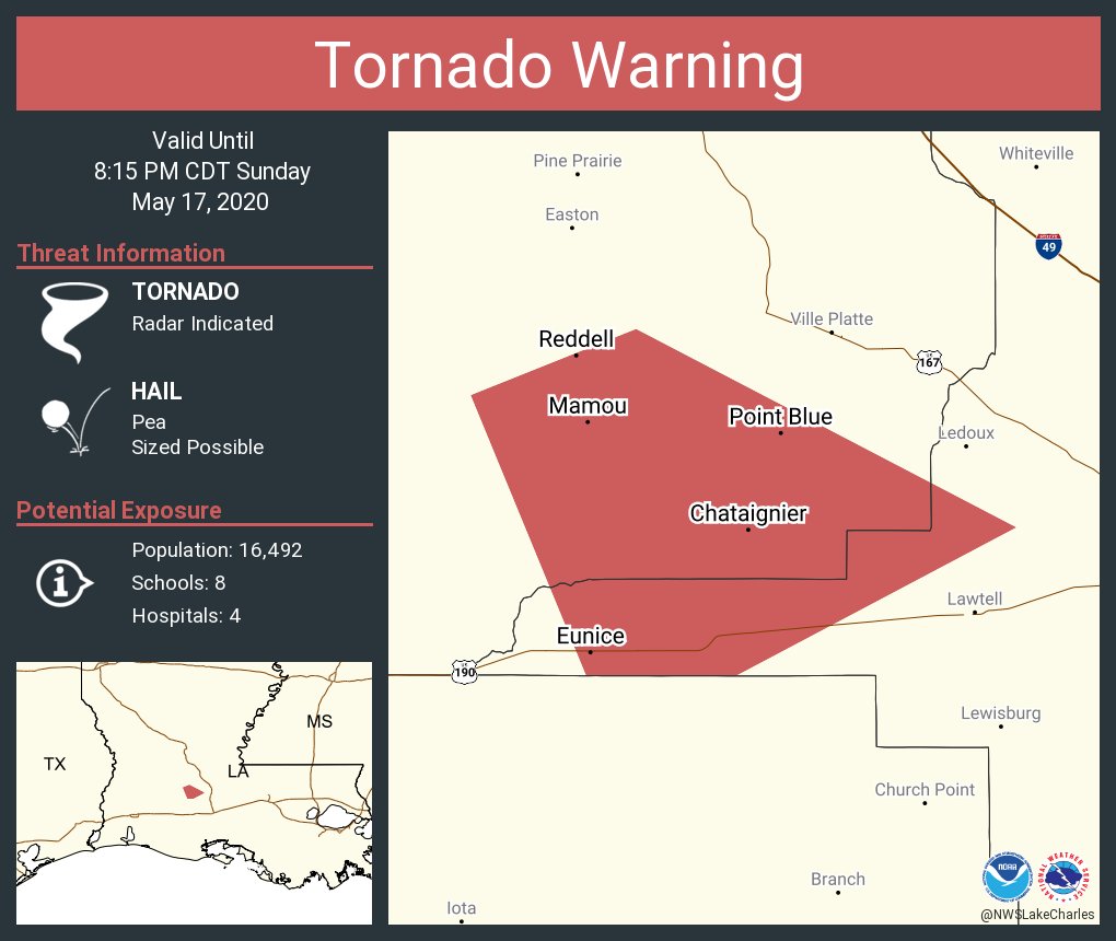 Tornado Warning including Eunice LA, Mamou LA, Reddell LA until 815 PM CDT NWS Lake Charles