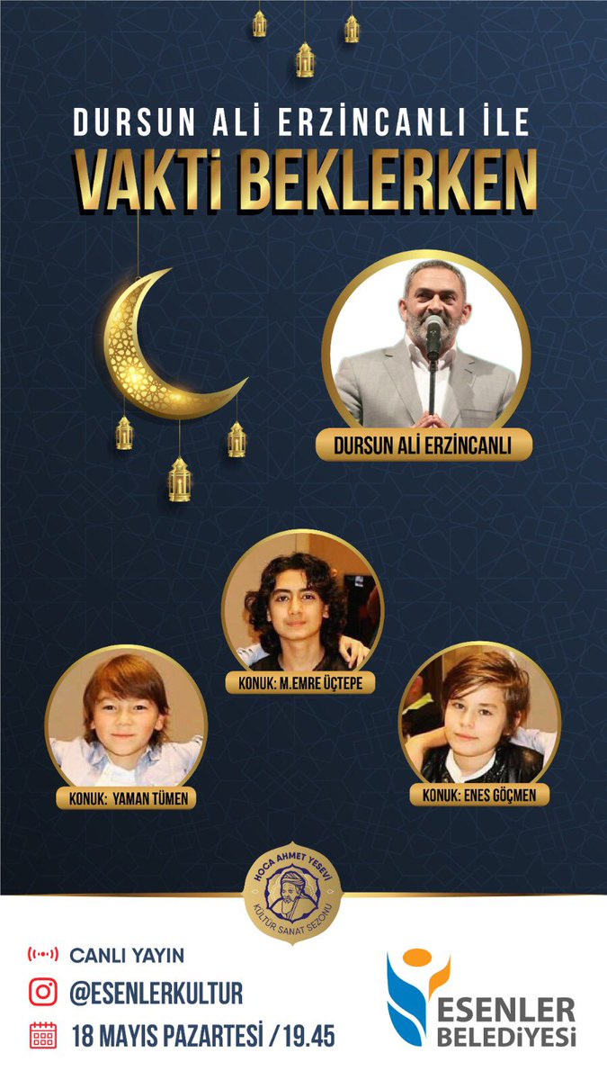 Bu akşam saat 19:45 te inşallah geleceğin büyük oyuncuları <a href="/uctepe_emre/">Emre Üçtepe</a>   @gocmenenes34 ve Yaman Tümen ile <a href="/esenlerkultur/">Esenler Kültür Sanat</a>’ün instagram sayfasında iftar vaktini muhabbetle bekleyeceğiz.
Sizi de bekleriz🤲