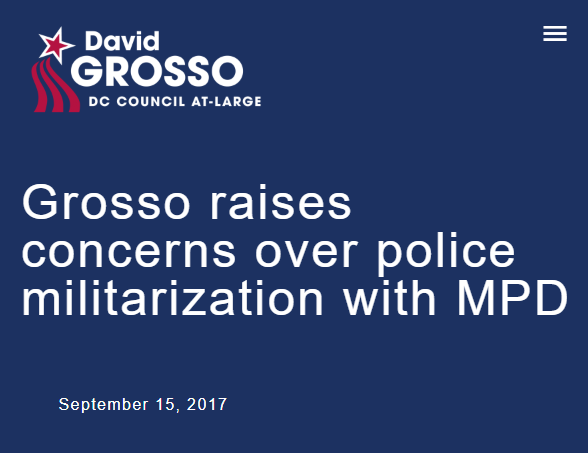 It’s not like this is a new position to take.  @cmdgrosso raised concerns about police militarization in 2017. That was almost three years ago! But where are the new attacks on  @Janeese4DC coming from? And why now?  http://www.davidgrosso.org/grosso-analysis/2017/9/15/grosso-raises-concerns-over-police-militarization-with-mpd