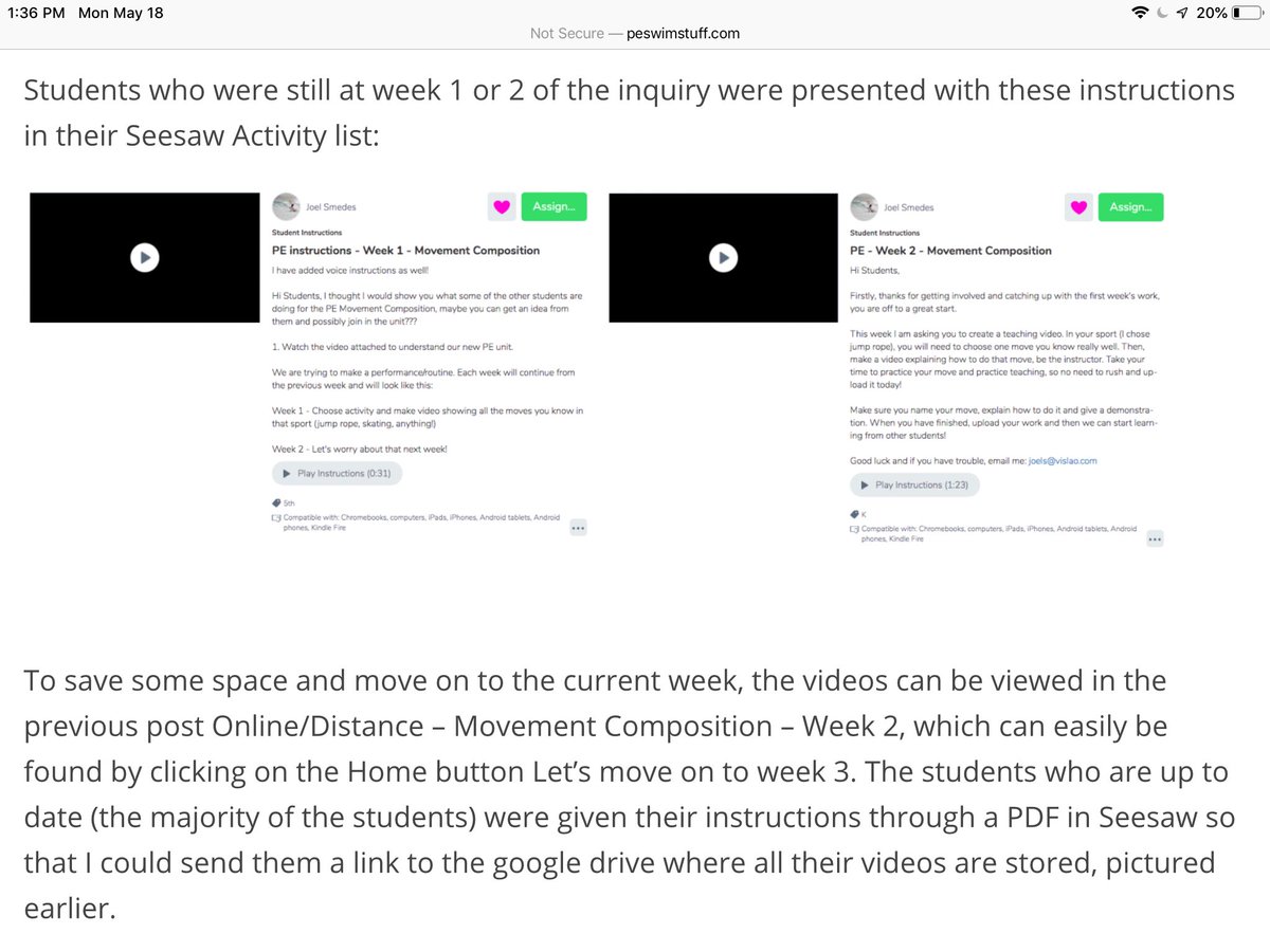 PEswimstuff's tweet image. I’m currently running a full unit for online-distance learning (Movement Composition) inquiry continues, Ss developing ATL skills, connecting to learning outcomes. Week 3 reflection posted peswimstuff.com/2020/05/13/onl… #HPEatHome #physed #onlinelearning #ibpyp #vislao