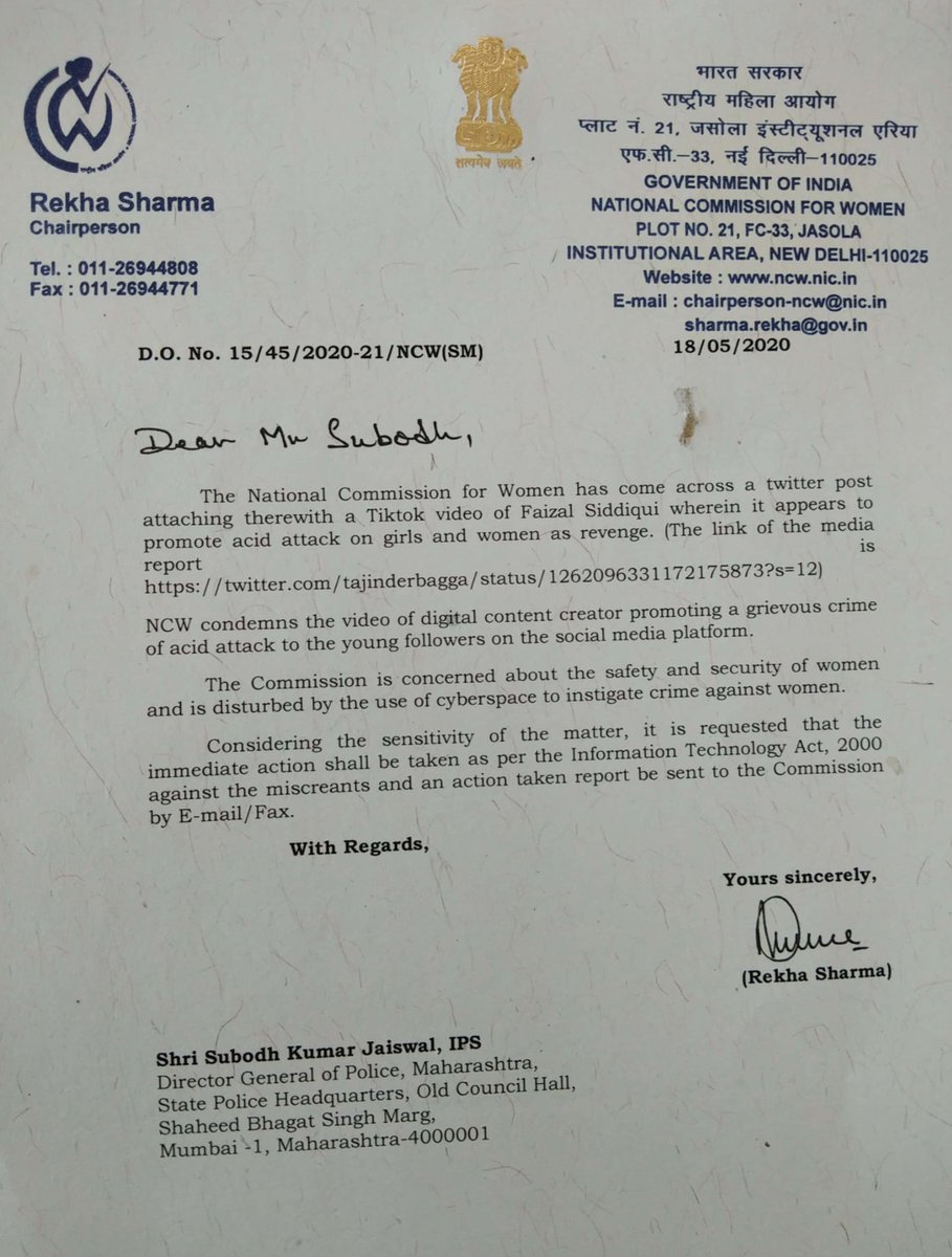 NCWIndia's tweet image. @NCWIndia has written to @DGPMaharashtra Shri. Subodh Kumar Jaiswal to take action against #FaizalSiddiqui for the video he posted that promotes a grievous crimes of #acidattack on social media using @TikTok_IN App. 
@CyberDost 
@MahaCyber1
