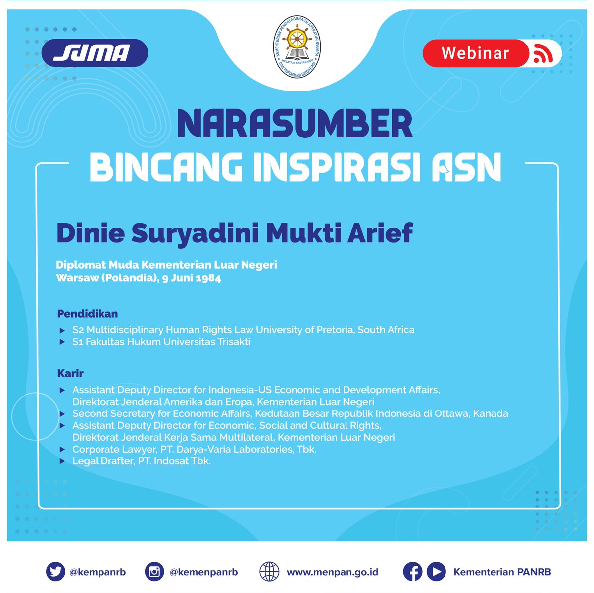 Kementerian PANRB (@kempanrb) on Twitter photo Narasumber berikutnya adalah <a href="/dinieariefahza/">dinie arief ahza</a>, Diplomat Muda di <a href="/kemlu_RI/">MoFA Indonesia</a>. Mjd Diplomat Muda telah membawanya dlm berbagai forum dunia utk turut menyuarakan berbagai isu penting.
__
Ingin tahu lebih ttg ASN Milenial satu ini? Saksikan acara ini di Youtube Kementerian PANRB, ya! Narasumber berikutnya adalah <a href="/dinieariefahza/">dinie arief ahza</a>, Diplomat Muda di <a href="/kemlu_RI/">MoFA Indonesia</a>. Mjd Diplomat Muda telah membawanya dlm berbagai forum dunia utk turut menyuarakan berbagai isu penting.
__
Ingin tahu lebih ttg ASN Milenial satu ini? Saksikan acara ini di Youtube Kementerian PANRB, ya!