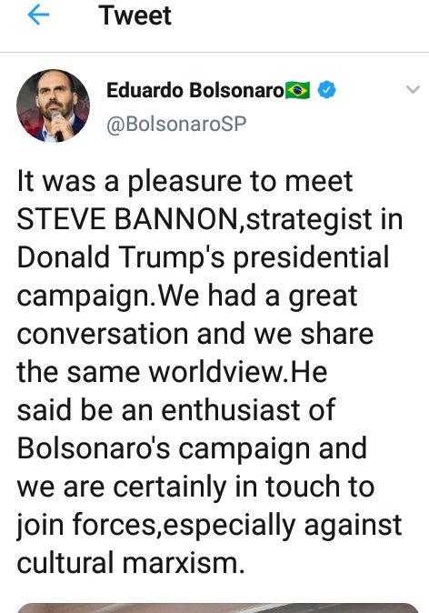 When you look at Bannon's attempts to use Brazil as a mouthpiece for his plans, the plan looks more evident. The fake fights have to start somewhere.