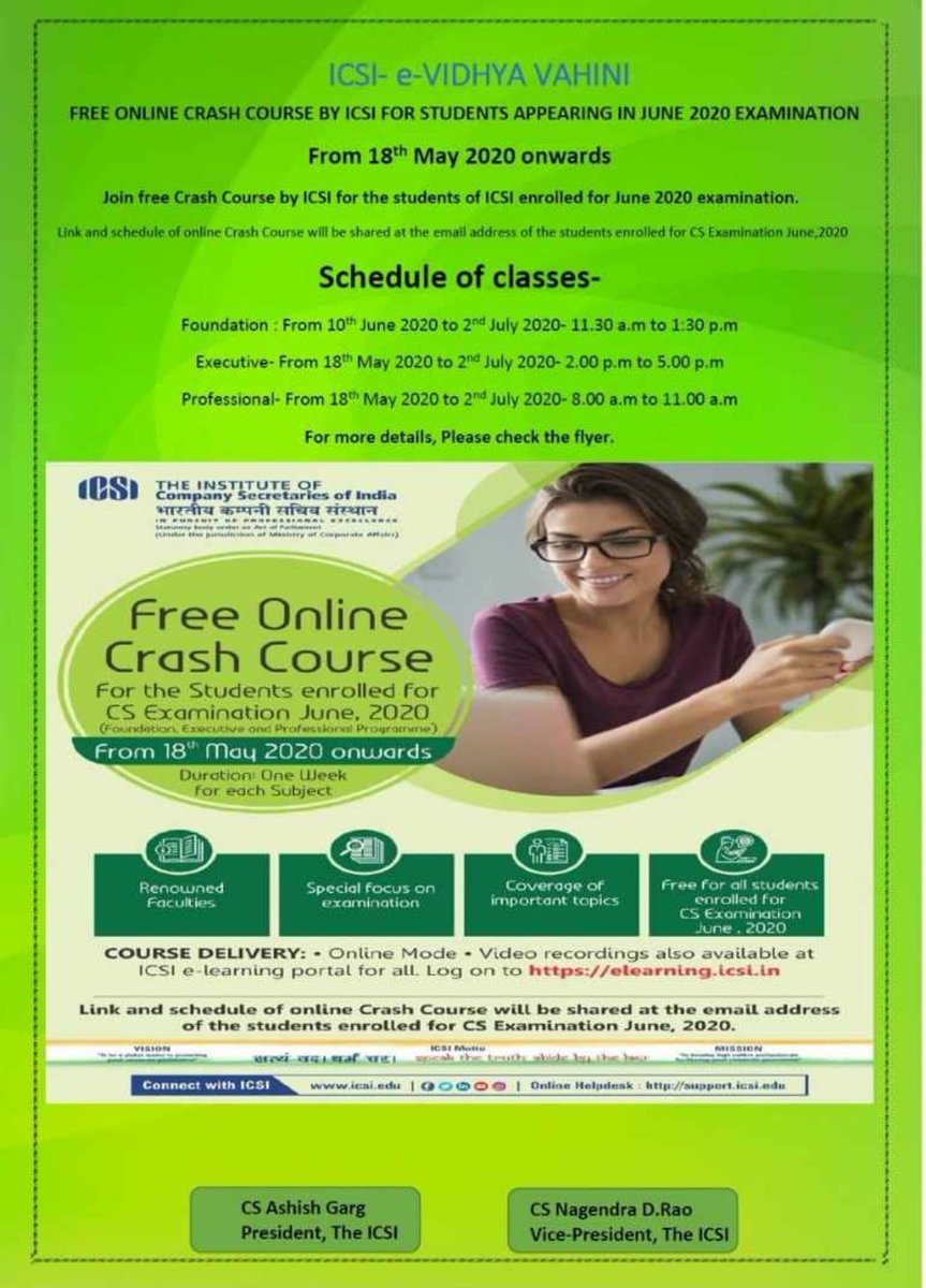 nikhildhanotiya's tweet photo. One of the significant initiative take by ICSI to provide free online crash course to the Students, for the July 2020 attempt.
@ashishgargcs @icsi_cs @RanjeetPandeyCS https://t.co/e546VtMGL2