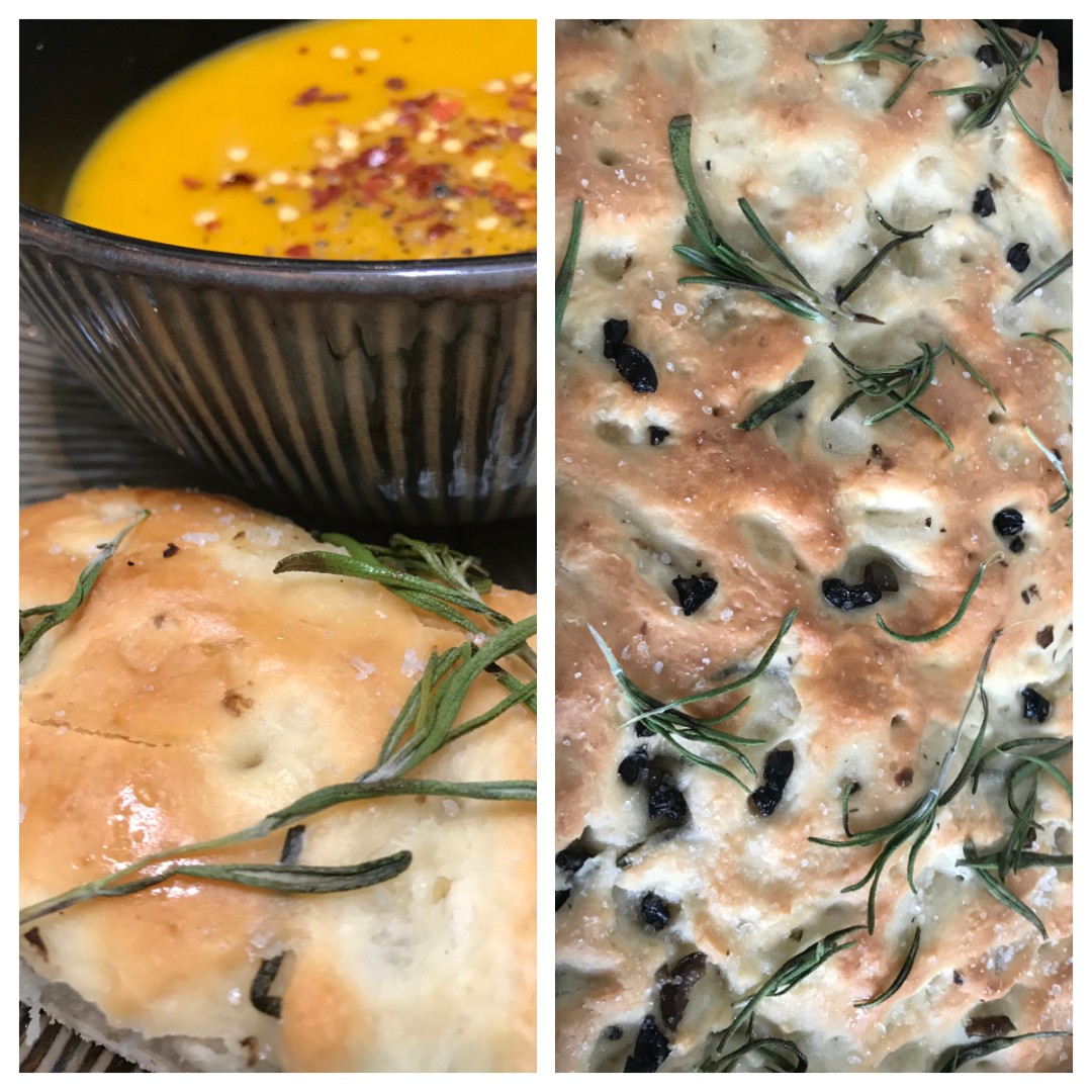 Expat_Kitchen's tweet photo. Freshly baked rosemary &amp; olive focaccia with delicious pumpkin soup. #meatlessmonday #breadbaking #homemadebread #expatkitchensg #cookingschoolsg https://t.co/tm78fFda9N
