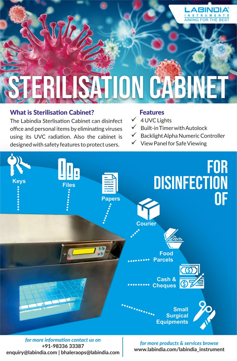 LabindiaLIPL's tweet photo. We have come up with a UV sterilisation cabinet for disinfecting different items like keys, papers, couriers, notes, cheques etc.
The system makes use of #UV for eliminating viruses.
Takes less than 5 mins for sterilisation.
Approved by @DRDO_India https://t.co/91LSsNRZH4