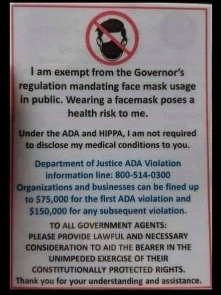 re: mask avoiders bringing up hippa at grocery stores- this is a specific and openly planned tactic of these fucks to use legislation protecting disabled people as a shield from basic pandemic guidelines. literally encouraging each other to fake disabilities for their ~freedom~