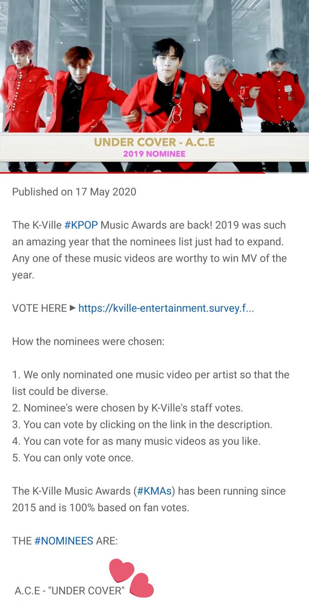 ACE_Votus's tweet photo. [K-VILLE MUSIC AWARDS]
BEST KPOP MUSIC VIDEO OF 2019

#CHOICE voting for #ACE again!

@official_ACE7 MV #Undercover was norminated!

Let's vote A.C.E UC to win MV of the year 2019!

Vote here ▶️https://t.co/EK26Z8iBl3

#에이스 #초이스
#ACE3rdDebutAnniversary
#3yearsWithChoice https://t.co/1rYMRu2mFB