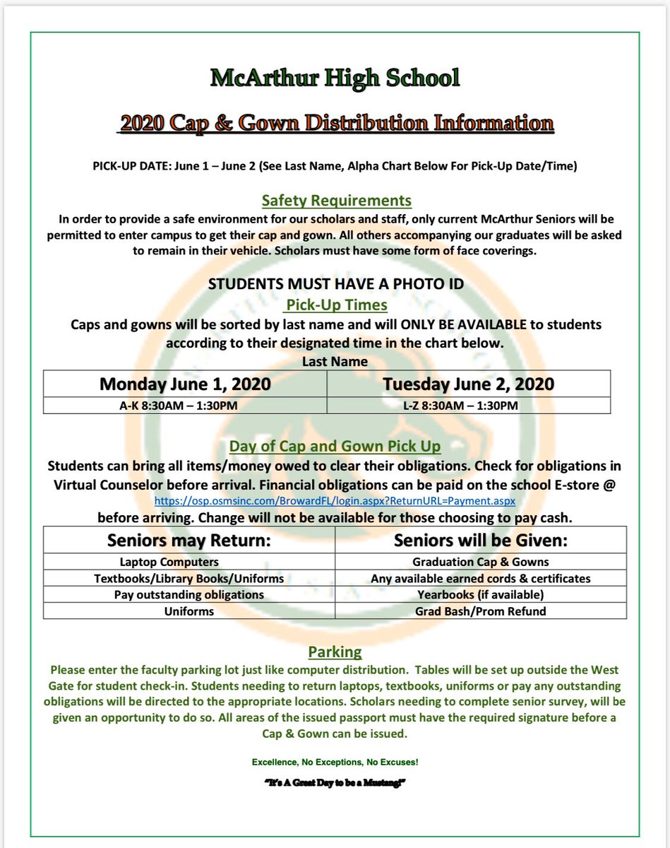 Mr_P_WB's tweet photo. 2020 Cap &amp; Gown Distribution Information @McArthur_HS https://t.co/vPrgN8gA4v