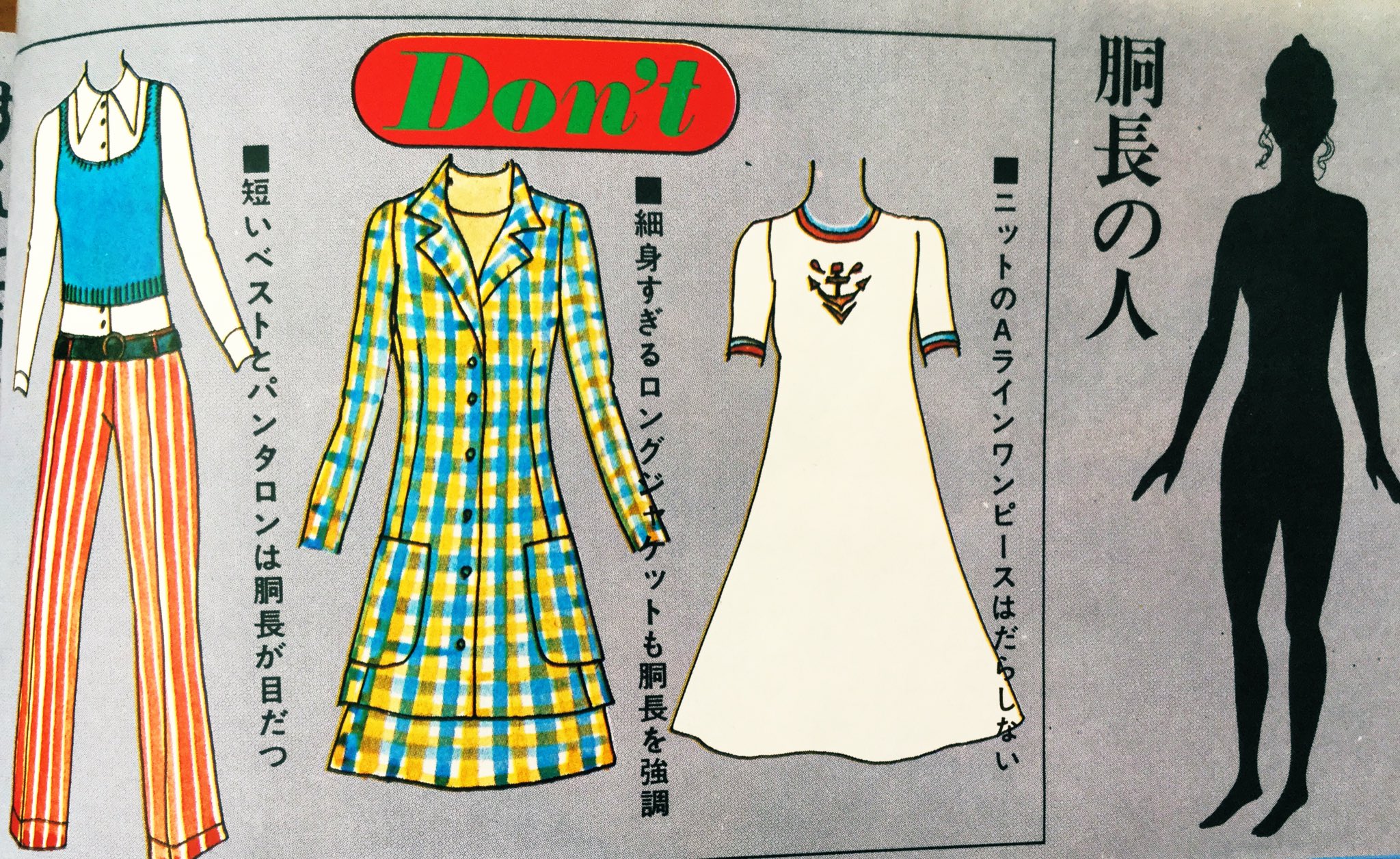 雑貨奥様 昭和47年 若い女性 ５月号より 体型別 既製服のじょうずな選び方 です 当時は結構体型やコーディネイトのダメ出しがストレートなんですよね あっ ベルト使いが可愛いですよ 昭和レトロ ファッション T Co X10xetxfda Twitter