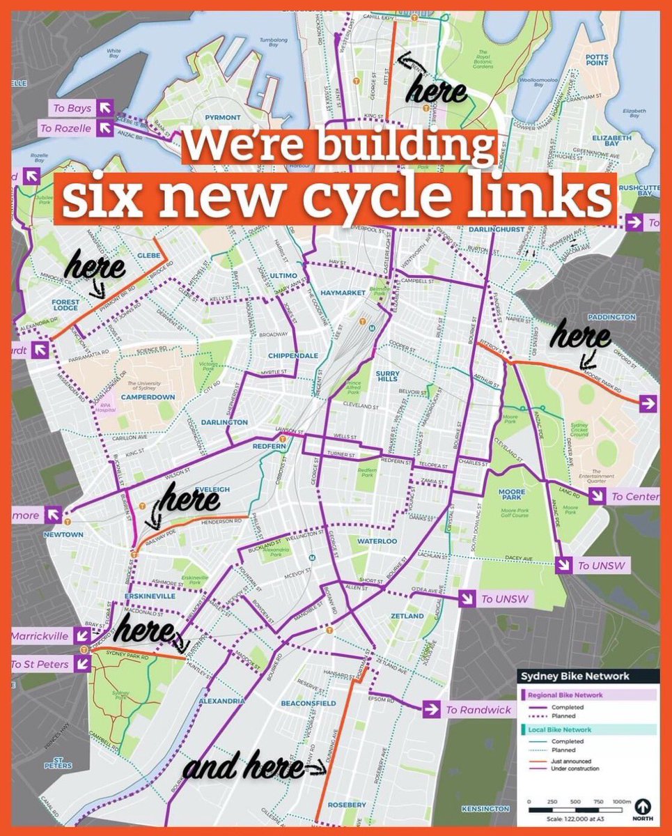 BrentToderian's tweet photo. BREAKING: Sydney Australia Mayor @CloverMoore just announced the city will be quickly installing 6 new “safe cycling links, so Sydneysiders can get back to work on their bike.” A nice, simple graphic shows where they are &amp; how they augment the existing bike infrastructure system. https://t.co/4fOsBPZOjn