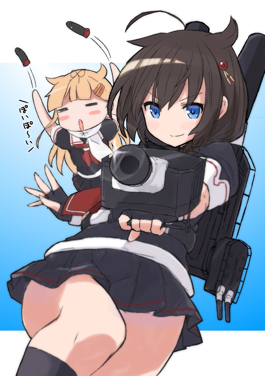 shigure (kancolle) ,shigure kai ni (kancolle) ,yuudachi (kancolle) ,yuudachi kai ni (kancolle) 2girls multiple girls hair flaps school uniform serafuku blue eyes black serafuku  illustration images