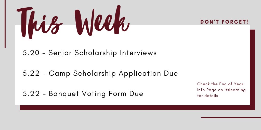 The next two weeks are full of due dates. Make sure to stay on top of things to end the school year strong!
