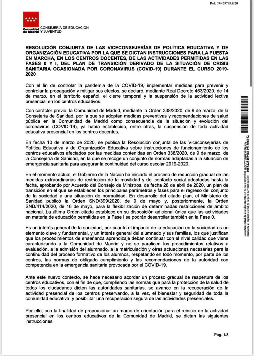 ecatolicmadrid's tweet photo. 1.- ¡Ojo! Ayer domingo se firmaron las Instrucciones sobre puesta en marcha de los centros docentes en las actividades permitidas en las fases 0 y 1 de la desescalada. Lo importante: el anexo que difundimos a continuación. https://t.co/43J15cWJfQ