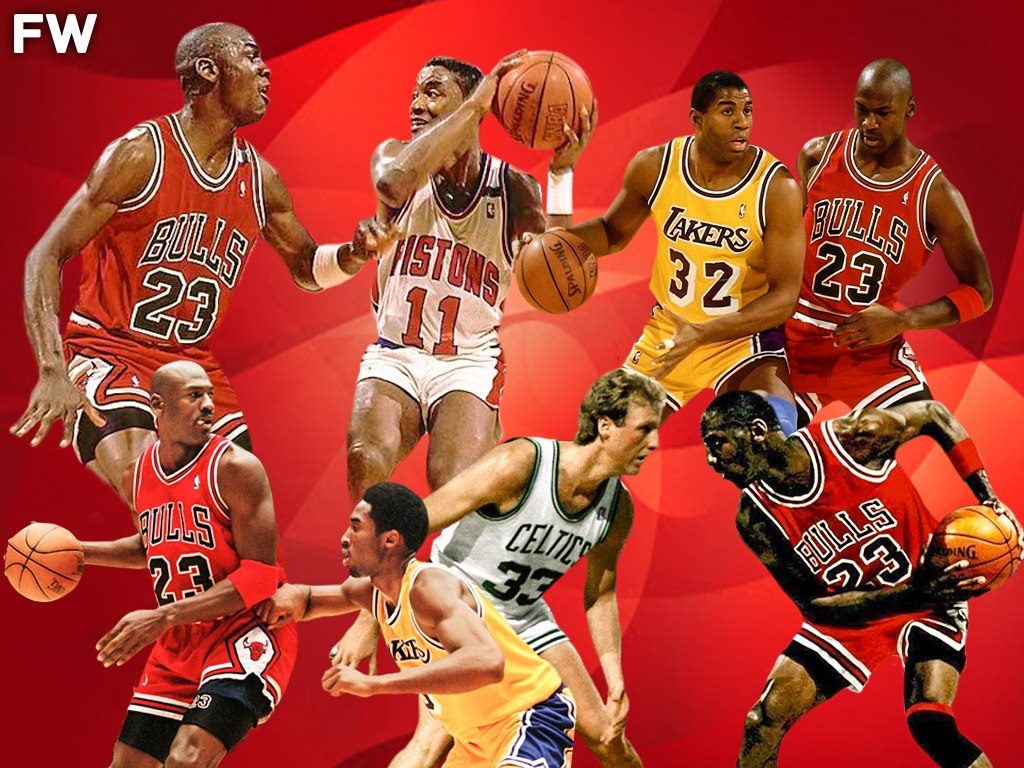 NBA Basketball Legends, Magic Johnson, Michael Jordan, and Larry Bird.