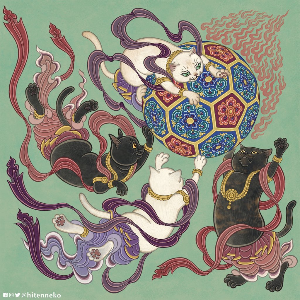 Hitenneko 飛天猫 蹴鞠 Hitenneko 飛天猫 Cutecat Catlover イラスト Illustration Graphicdesign Asianart Soccer Catplay